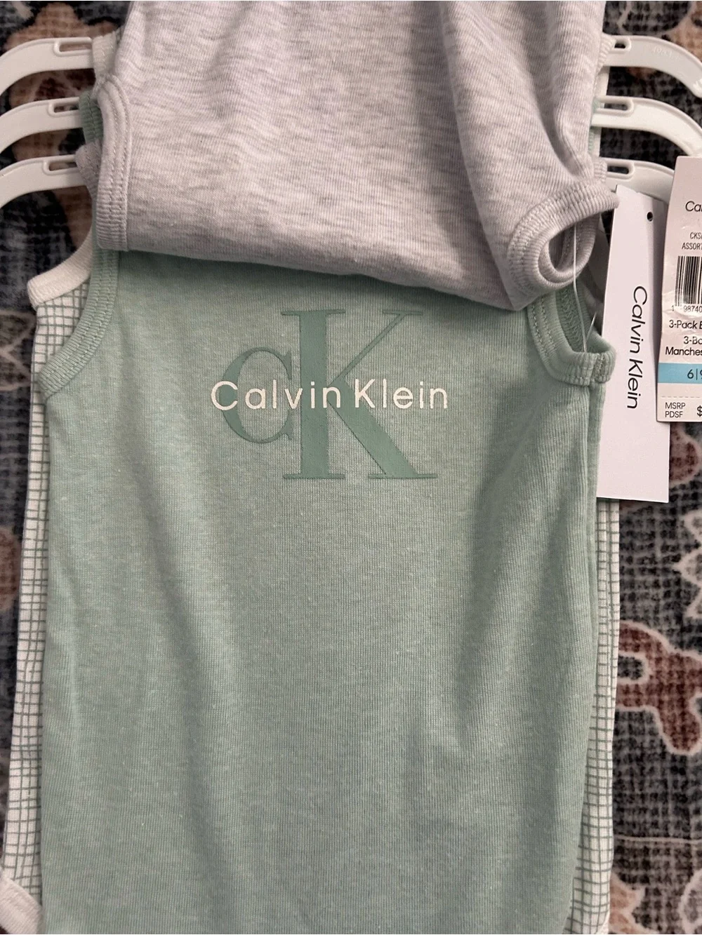 ✅ Calvin Klein Baby 3-Pack Bodysuits 6-9M NWT Gray Mint Check CK Logo